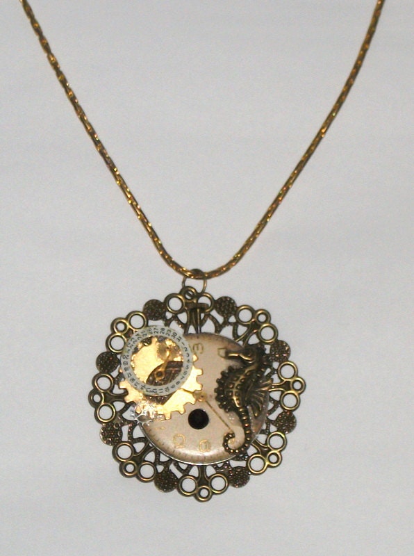 Necklace Steampunk Necklace Swarovski Necklace Watch Necklace Watch Movement Sea Horse Metalwork Bras Neclace