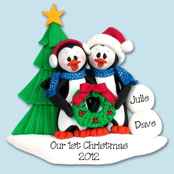 PENGUIN FAMILY of 2 / Couples HANDMADE Polymer Clay Personalized Christmas Ornament