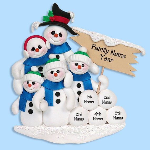 Snowman  Family of 5 HANDMADE POLYMER CLAY Personalized Christmas Ornament - PersonalizedOrnament