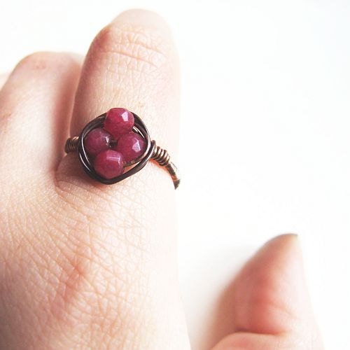 autumn rose ring - delicate wire wrapped ruby jade copper rustic ring