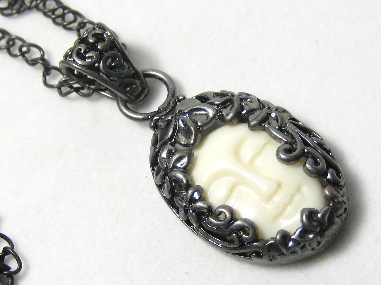 Carved Bone Goddess Gunmetal Filigree Pendant Necklace