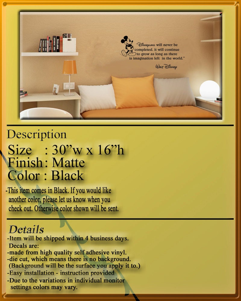 Walt Disney Mickey Mouse Disneyland will never be completed wall quote vinyl wall art decal sticker