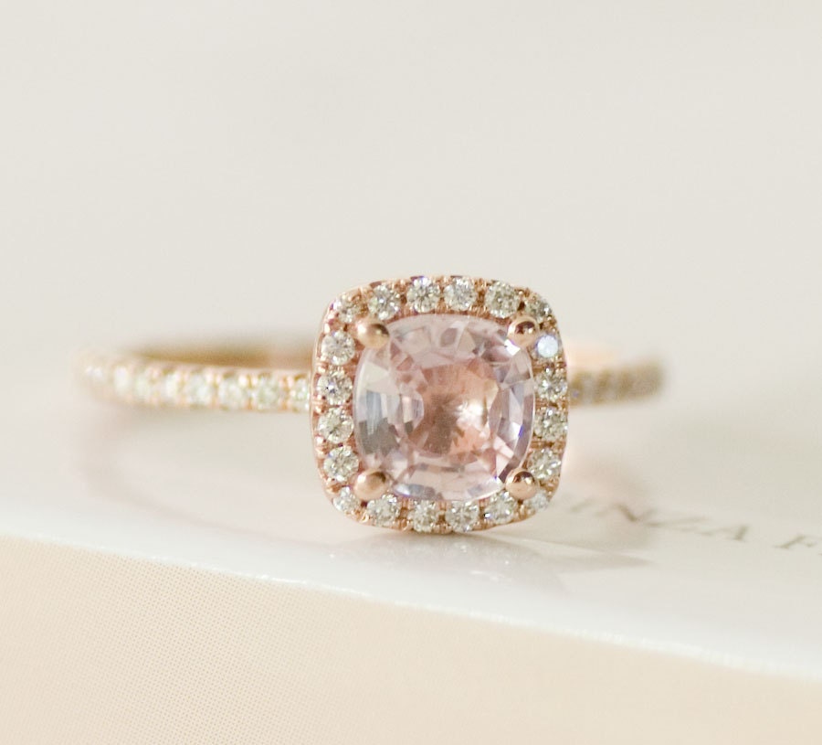 Certified Peach Pink Cushion Sapphire Diamond Halo Engagement Ring 14K Rose Gold - Labor Day SALE