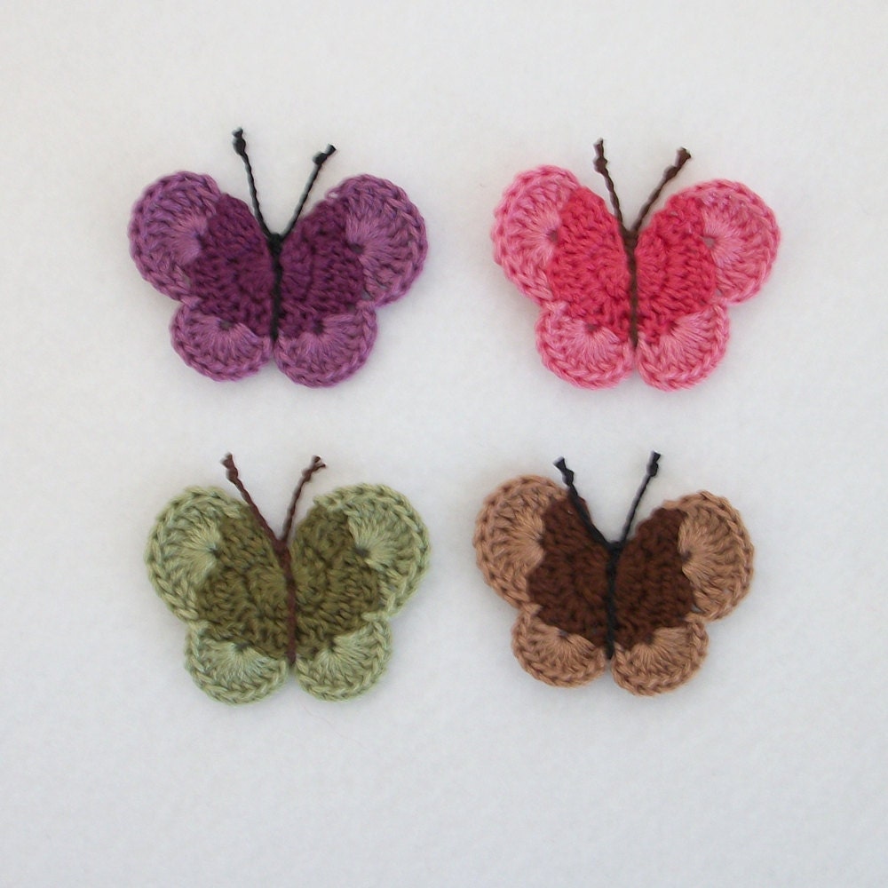 Crocheted Butterfly Appliques in 4 Rich Colors w Dark Centers, 4 ct.