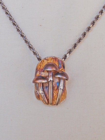 Mushroom Trio Fine Silver Pendant OOAK Handmade