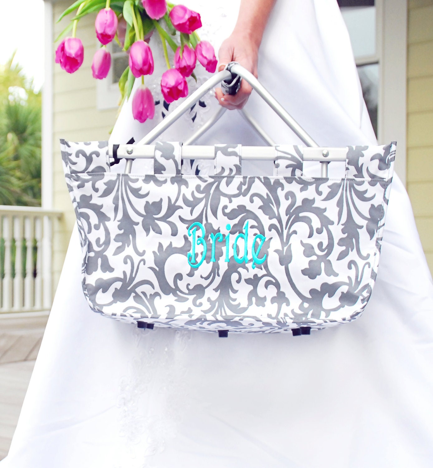 MONOGRAMMED Gray Damask Market Tote - LARGE - Custom - Personalized - Wedding Gift - Bridal Shower