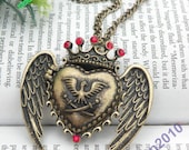 Pretty retro copper red crystal crown heart shape with two angel wings locket necklace pendant jewelry vintage style