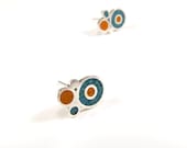 Sterling Silver Earrings - Turquoise and Orange  - Colorful Bubbles - Ear Studs