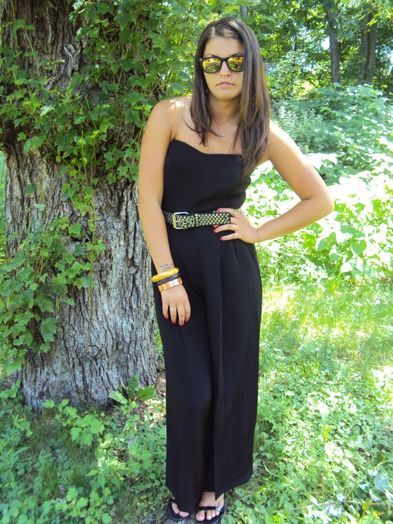 RESERVED for Janelle - vintage 80s Black Jumpsuit S, M - Strapless Jumpsuit Dress - Designer