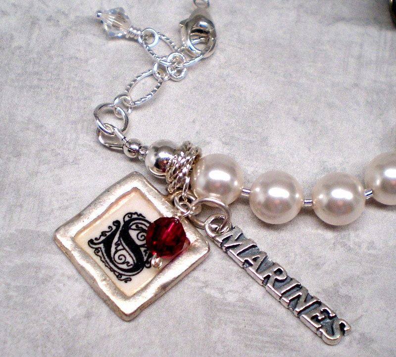 Personalized pearl bracelet or silver necklace MARINES Military name charm wife MOM deployment crystal customized wording