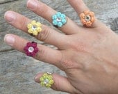 Crochet Flower Rings Set of 2 Pick Your Color with Lime, Aqua, Yellow, Orange and Magenta Cotton Thread and a Rhinestone Center