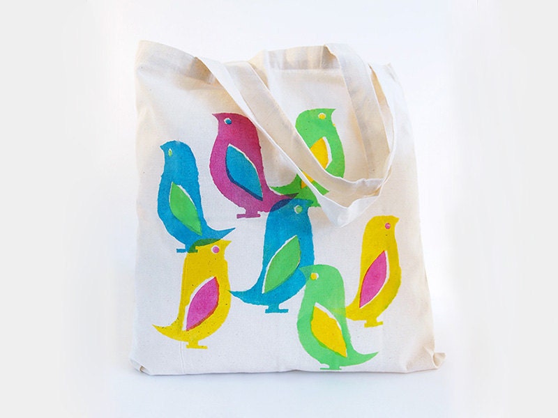Tote Bag Rainbow Birds Handprinted Canvas Shopping Purse 100% Cotton