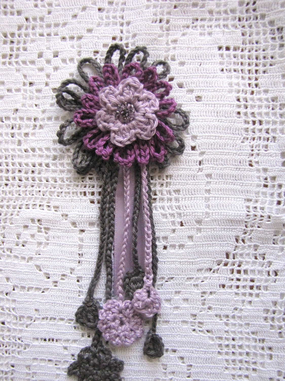 Crocheted brooch in lilac and grey - crocheted flowers, pin