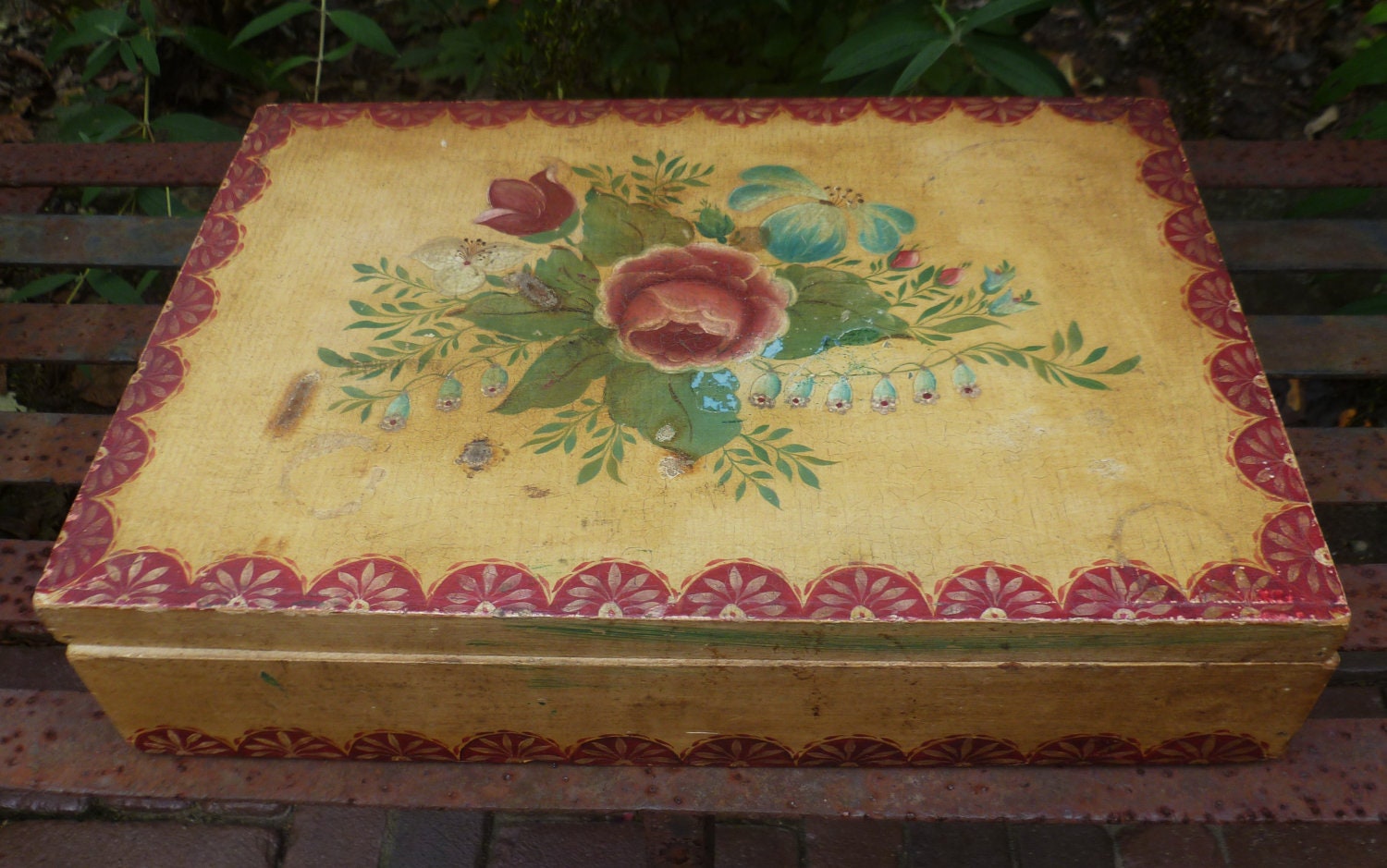 Antique Folk Art Tole Box. Hand Painted Wood. Rosemaling.