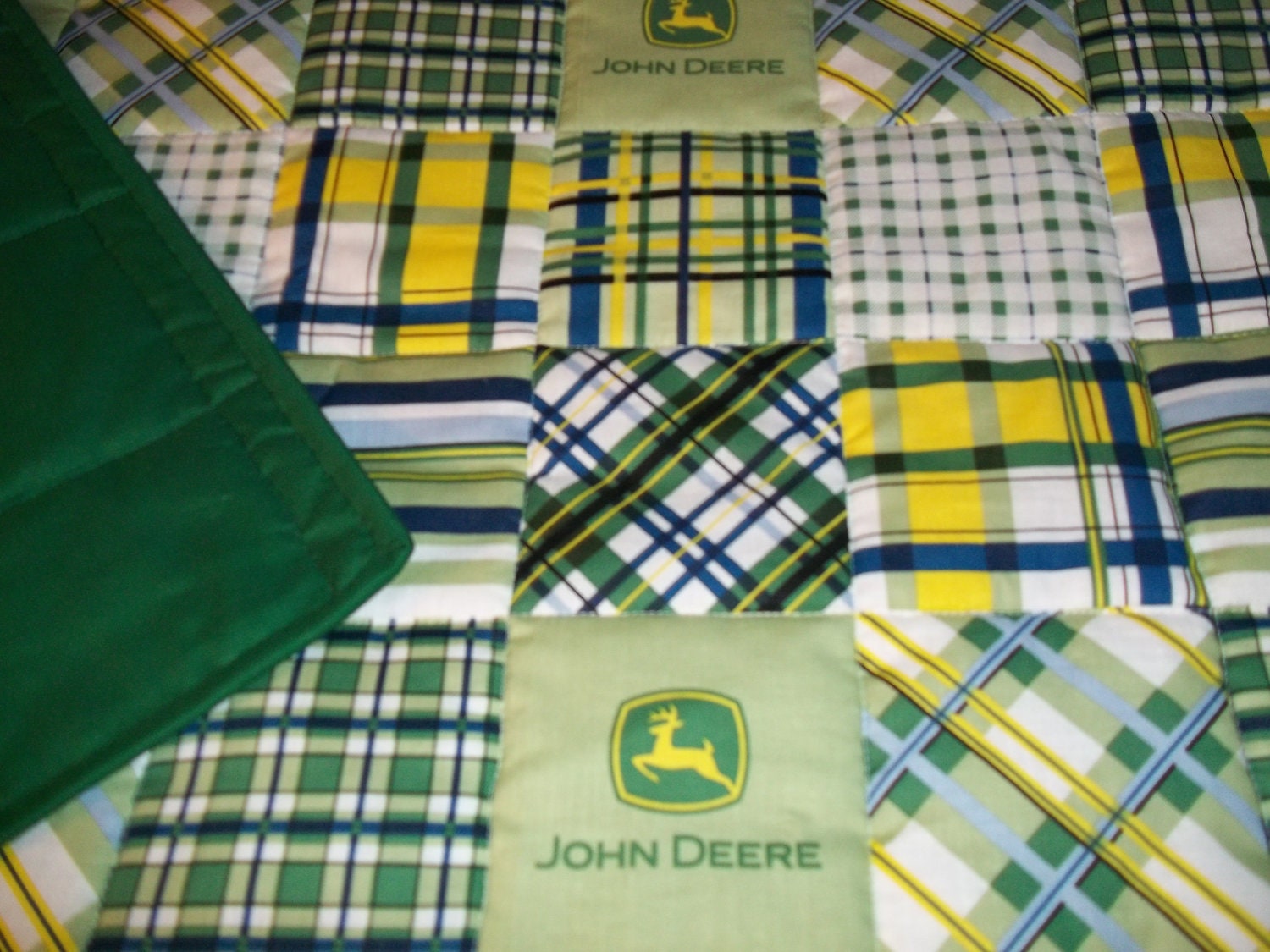 John Deere Green/Yellow Madras Plaid Patch Children's Regular Size Baby  Quilt  40 " x  36 ''