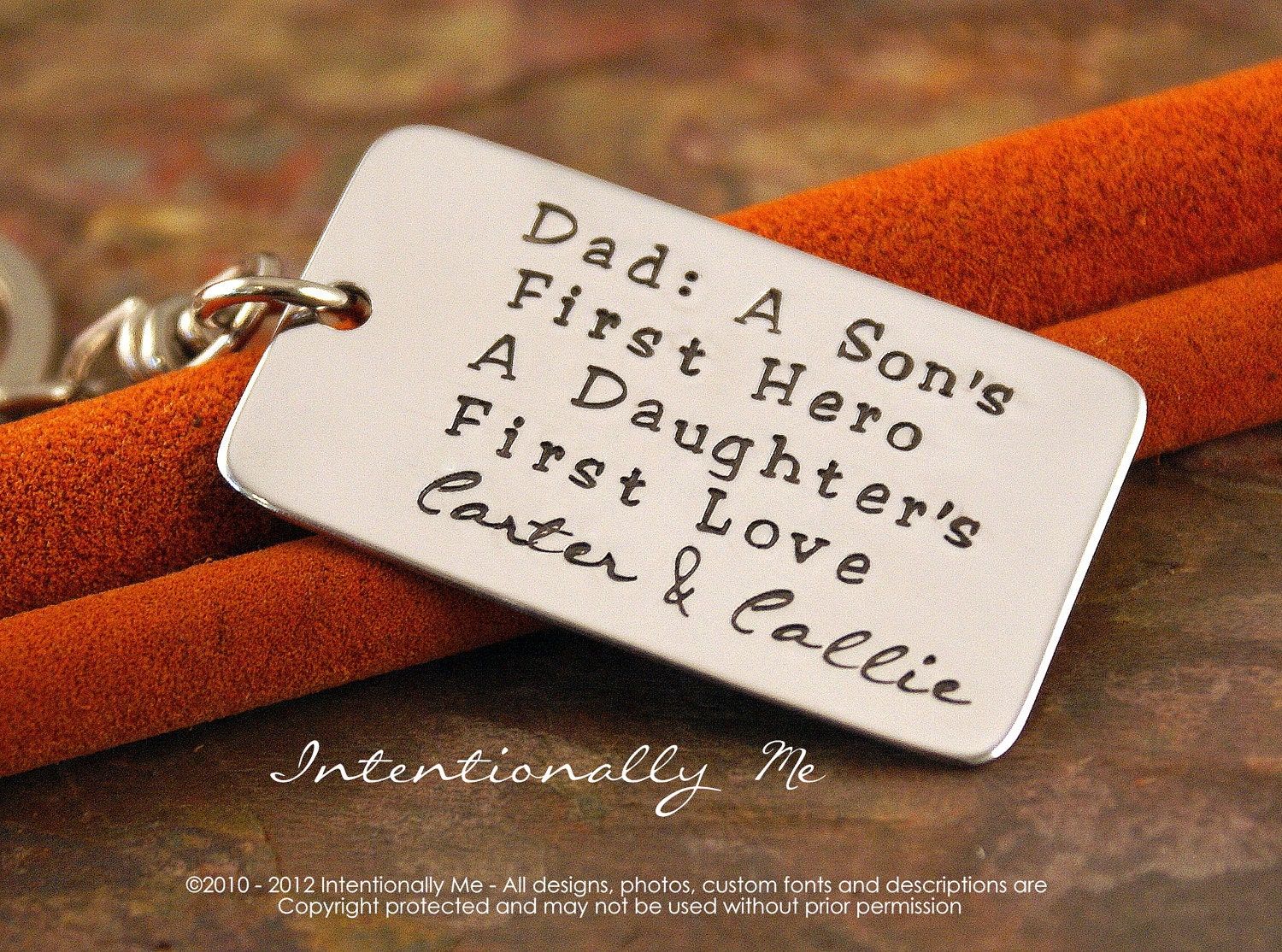 Personalized Key Chain - Aluminum dog tag Hand Stamped Keychain - Dad, A son's first hero, a daughter's first love