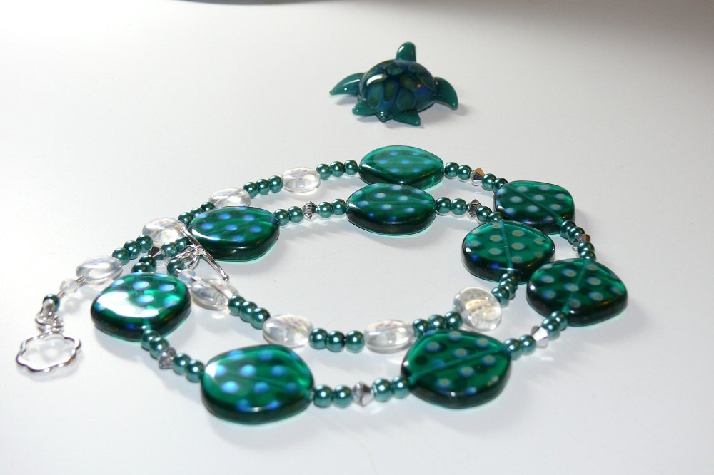 Crystal Ocean Czech Lentil Glass with Spotted Luster Beaded Handmade Necklace with Sterling Silver Flower Toggle