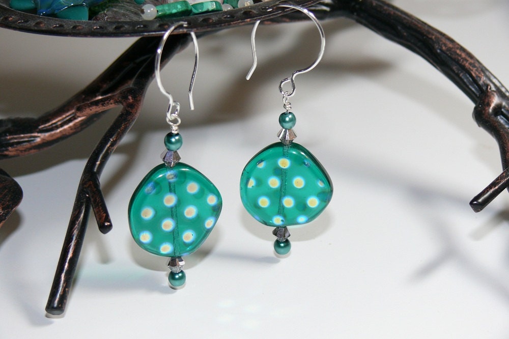 Crystal Ocean Czech Lentil with Spotted Luster Bead Earrings with Sterling Silver French Hoop Earwire