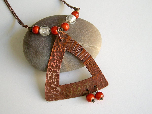 Textured Copper Triangle with Orange & White Beads on Copper Chain Necklace