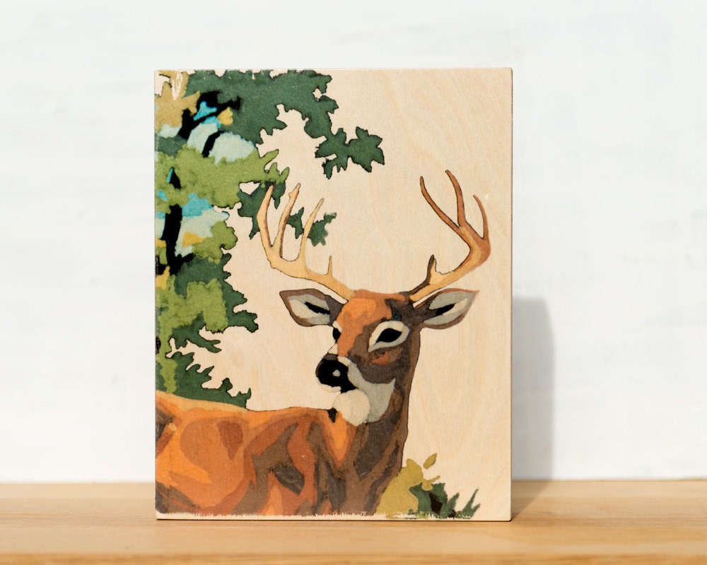 Stag Paint by Number Large Art Block -  8" x 10", vintage, woodland, deer - StudioLiscious