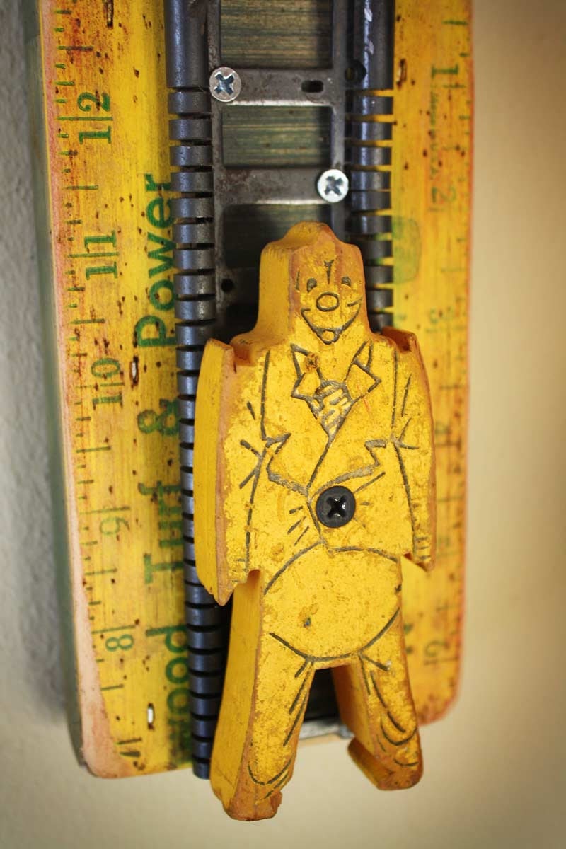 Coat Rack Wall Hanger Garden Faucet Handle Yellow Yardstick Ruler Bill Ding Wooden Figure Repurposed Upcycled Recycled Baseboard No. 17