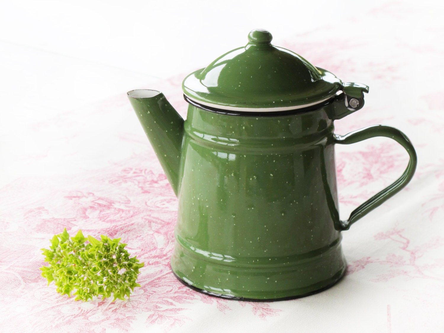 Pretty French  olive green enamel teapot or  coffee pot, green enamelware, green and  white speckled