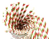25 Christmas Holiday Red, Green, and White Stripe Paper Straws (7.75 inches long) - Food Safe, Durable, & Bio-degradable - BahanaSplitsBoutique
