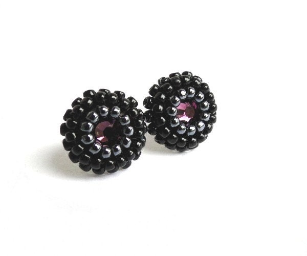Purple amethyst stud earrings black swarovski crystal button earrings everyday earrings hand embroidered