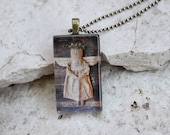 Primitive Christmas Angel Cat Photo Glass Tile Pendant Jewelry