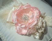 New Pink and Cream Couture Baby Flower Headband, Baby Headband, Photo Prop, Wedding, / Handmade Pink Silk Flower with Cream Accents