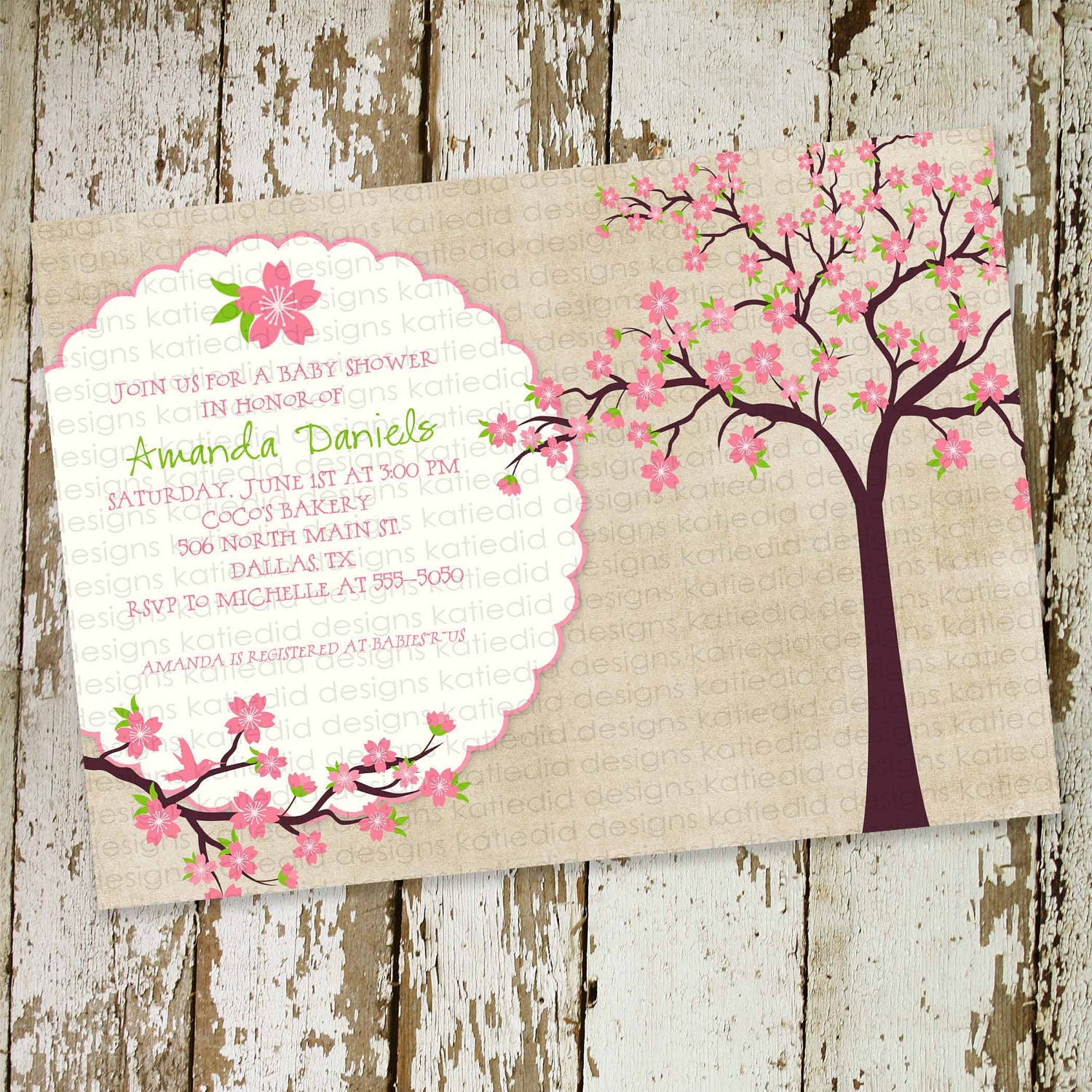 baby girl shower invitations, shabby chic with cherry tree blossoms, digital, printable file (item 1344)