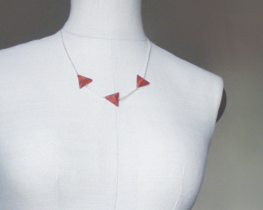 Coral arrow necklace, tribal triangle necklace, silver geometric jewelry, long coral necklace