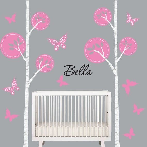 Children Wall Decal Birch Tree Grey Pink Nursery Tree Wall Decal Baby Modern Nursery OHSC