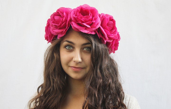 Pink Rose Crown - Large Rose Flower Crown, Rose Headdress, Frida Kahlo Costume, Day of The Dead Crown, Dias de los Muertos, Festivals