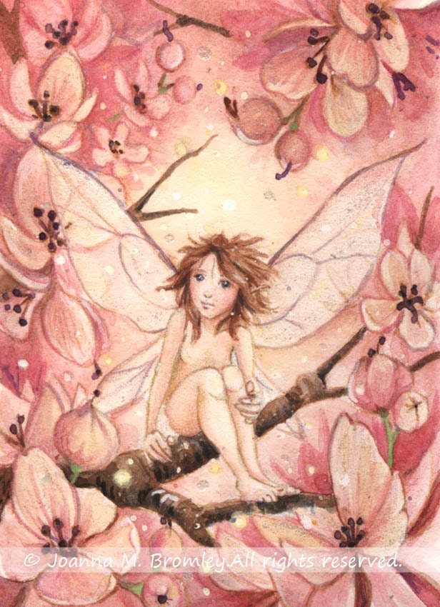 Pink Blossom Pixie - embellished limited edition ACEO print 3.5 x 2.5 inches - flower fairy , fantasy illustration