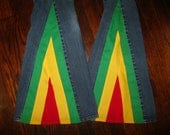 Upcycled RASTA bell bottom jeans braided patchwork triangle insert handmade one-of-a-kind