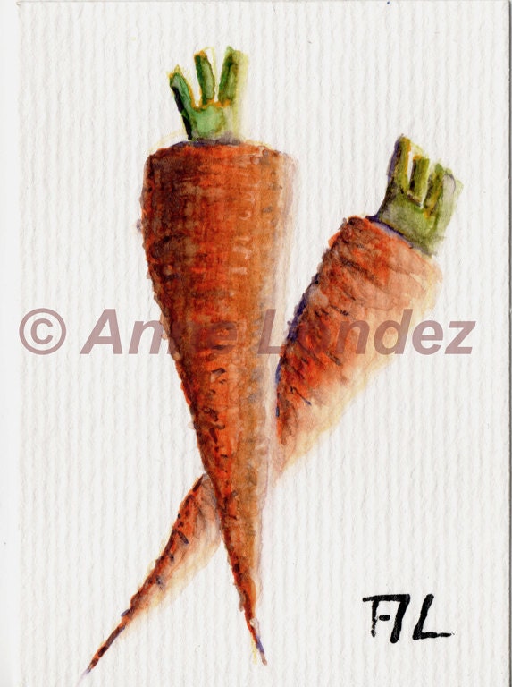 Art painting watercolor ACEO original watercolor watercolour orange carrots kitchen home decor bookmark Anne Londez SRA OOAK