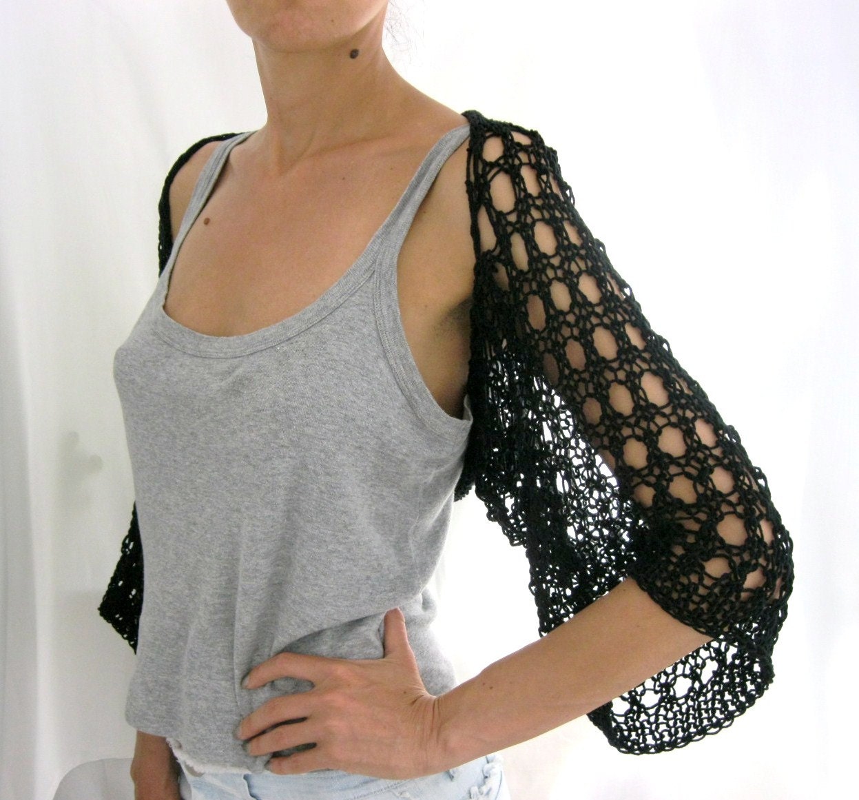BLACK COTTON SHRUG  ....Elegant Hand Knitted Summer Shrug