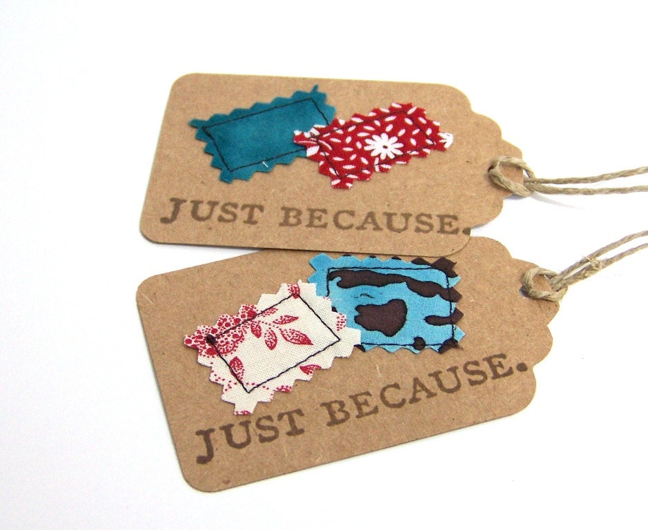 Eco-friendly Gift Tags, Sewn and hand stamped, Just Because, recycled, upcycled