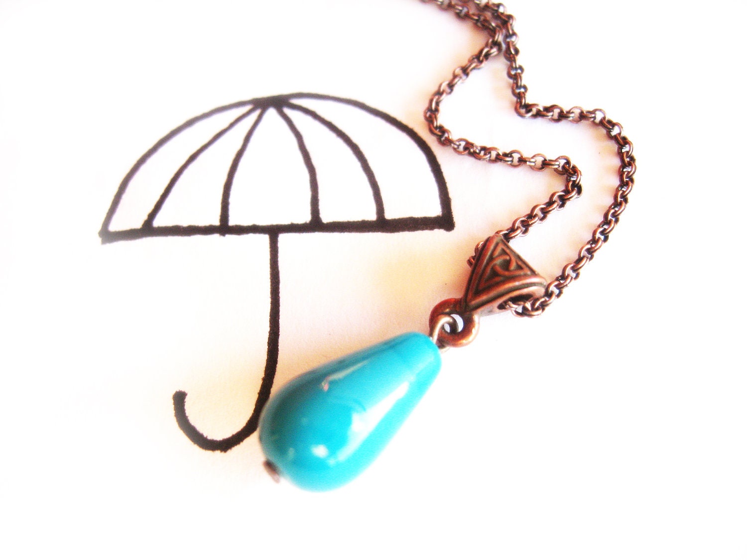 Tiny raindrop necklace, antique brass necklace, Sky blue droplet