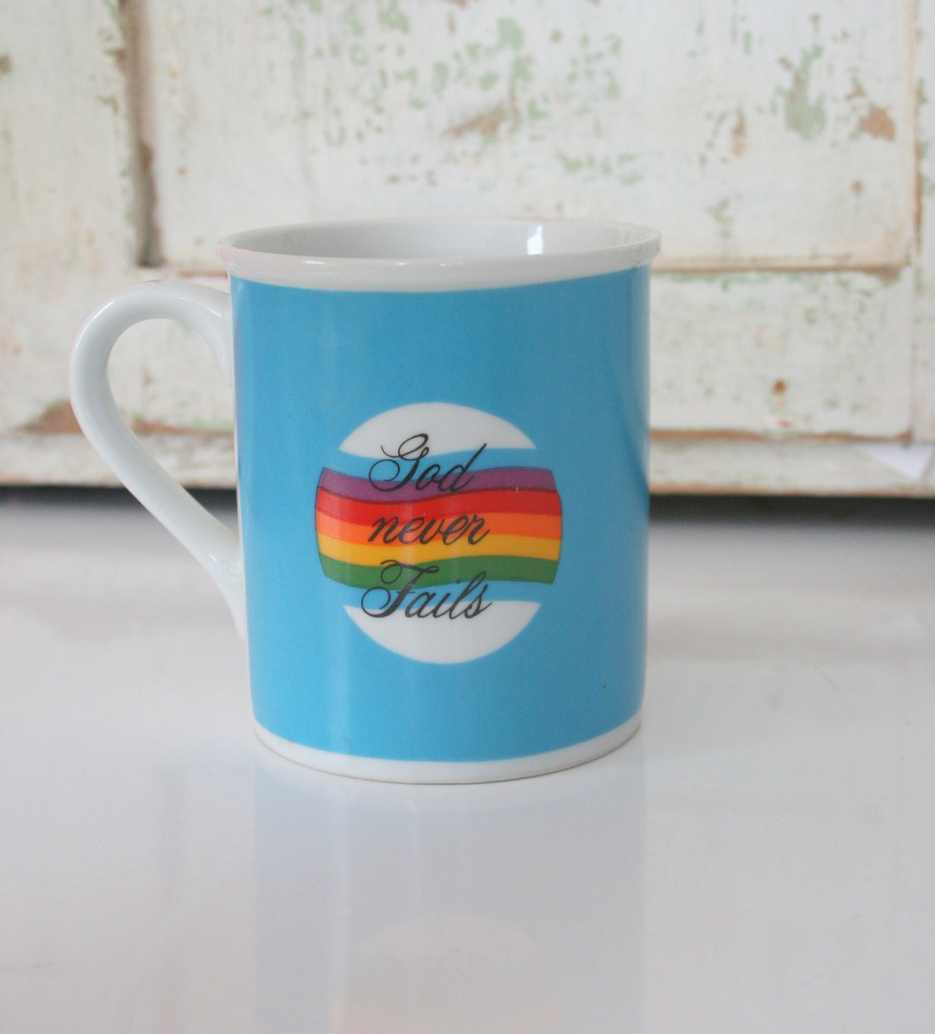 1982 BLUE RAINBOW Coffee Mug.....God never fails. rainbow. promise. blue. coffee. tea. drink. retro housewares. kitsch.