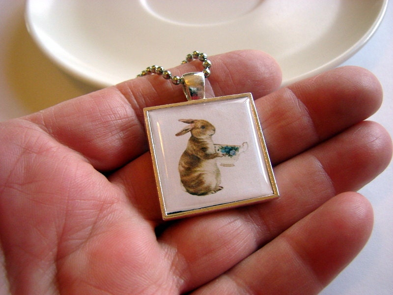 SALE Necklace - Bunny Rabbit Holding a Tea Cup - Paper Resin and Metal Pendant - Whimsical Shabby  Teacup Tea Party- With Chain