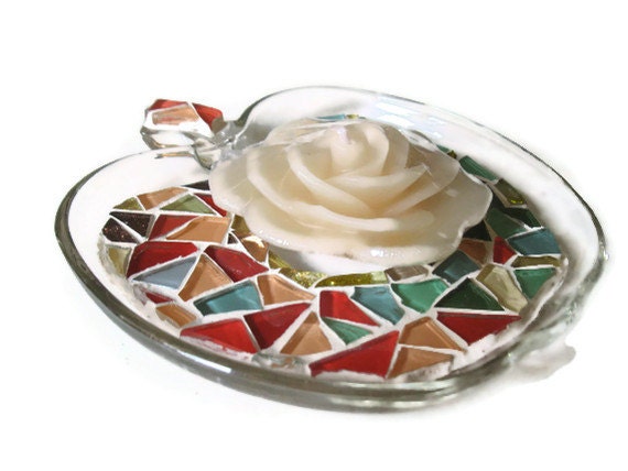 Candle Holder Glass  Mosaic Art Home Decoration Red Green Apple Mother's Day