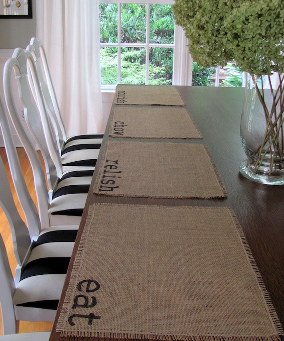 Burlap Place Mats Set of Four (eat, chow, relish, nourish)