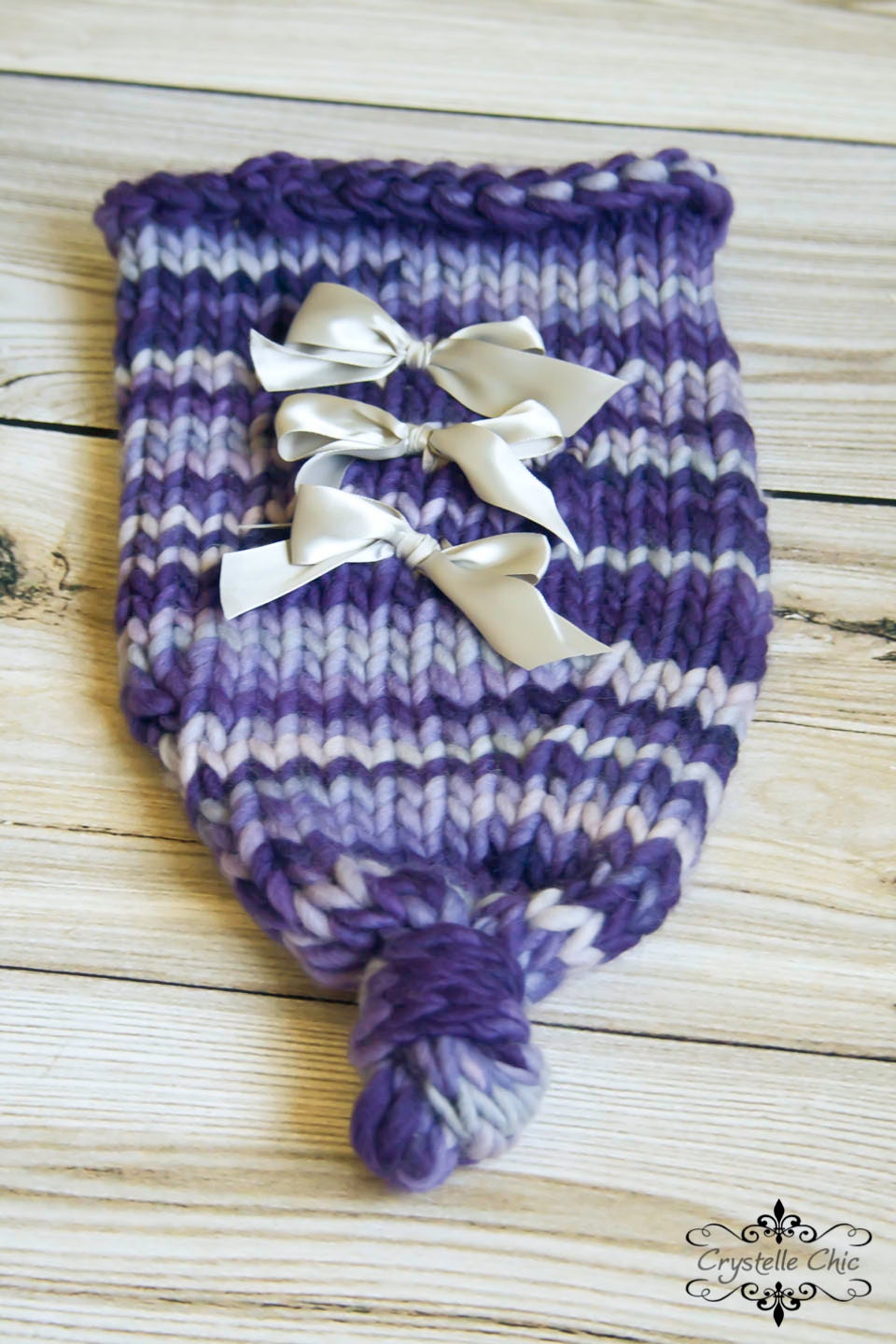 OOAK Purple wool knotted newborn cocoon with satin ribbon bows photography prop - Ready to Ship