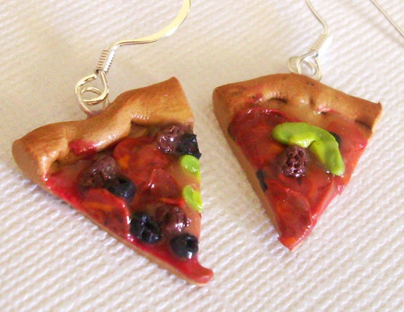 Pizza Earrings, Green Pepper, Pepperoni, Olive, and Sausage Pizza Earrings, Junk Food Earrings