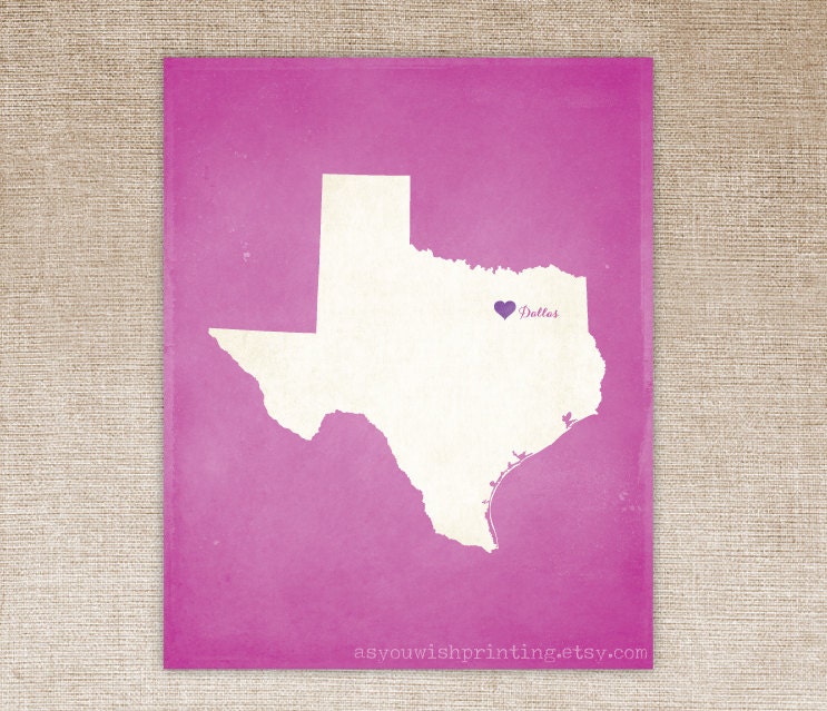 Customized Texas 8 x 10 State Art Print, State Map, Heart, Silhouette, Aged-Look Print