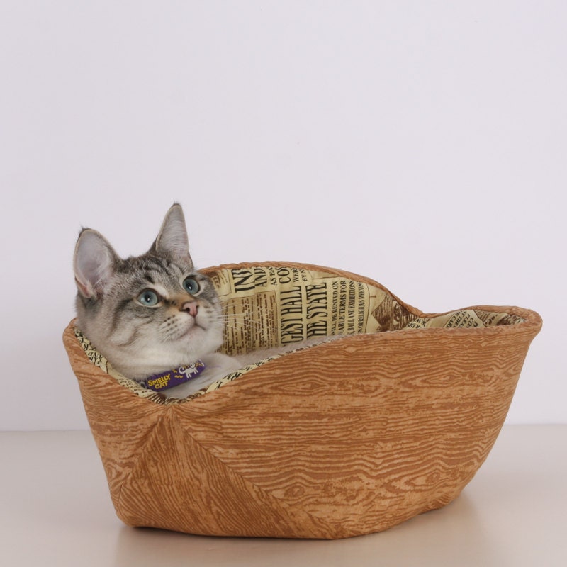 Cat Canoe a Unique Modern Kitty Pet Bed in Faux Bois and Newspaper