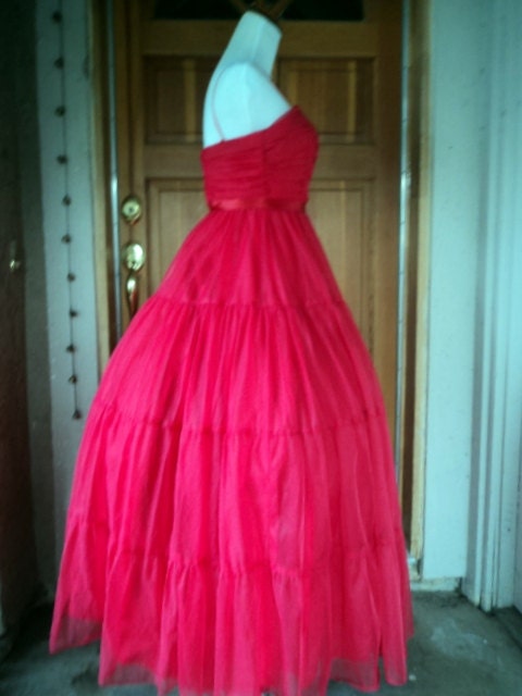 Vintage 60s Dress Chiffon Prom Sweetheart Gathered Bodice Full Tiers Formal XS 32 B