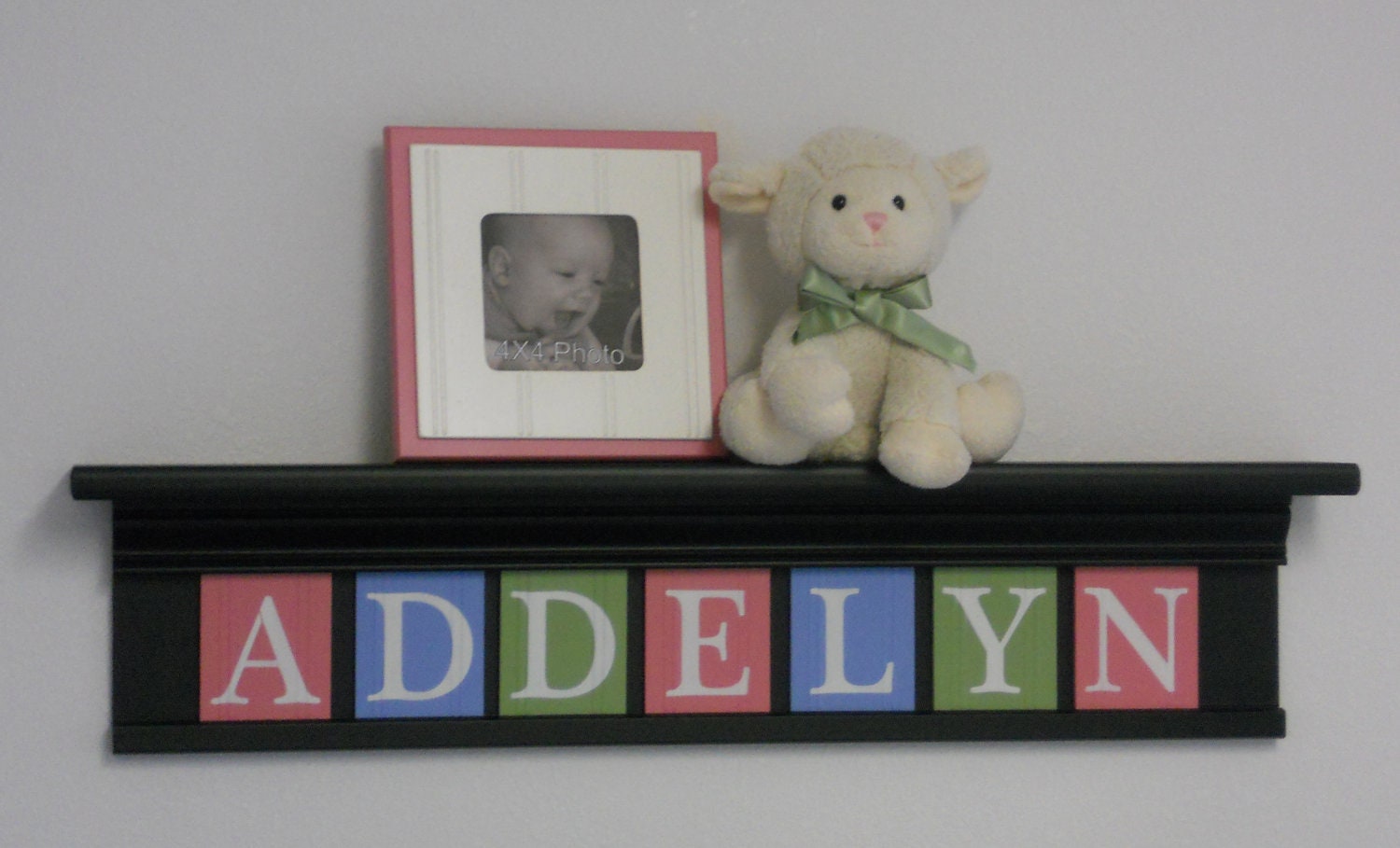 Pink, Green and Blue Baby Girl Nursery Wall Decor  - Custom Name Sign - ADDELYN on 30" Black Shelf - 7 Letter Wooden